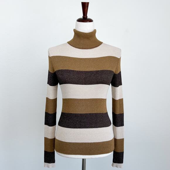 Banana Republic Brown Metallic Stripe Rib Knit Turtleneck Sweater - Picture 1 of 8